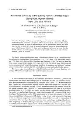 Karyotype Diversity in the Sawfly Family Tenthredinidae (Symphyta, Hymenoptera): New Data and Review