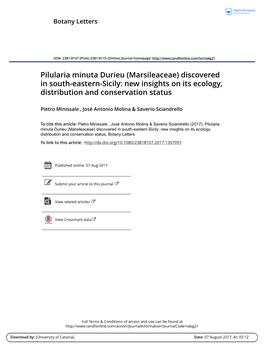 Pilularia Minuta Durieu (Marsileaceae) Discovered in South-Eastern-Sicily: New Insights on Its Ecology, Distribution and Conservation Status