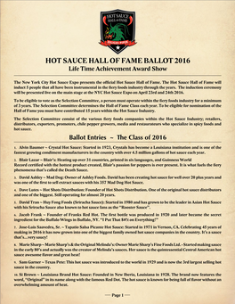 HOT SAUCE HALL of FAME BALLOT 2016 Life Time Achievement Award Show