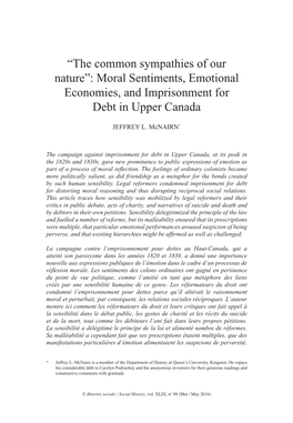 Moral Sentiments, Emotional Economies, and Imprisonment for Debt in Upper Canada