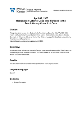 April 09, 1963 Resignation Letter of Jose Miro Cardona to the Revolutionary Council of Cuba