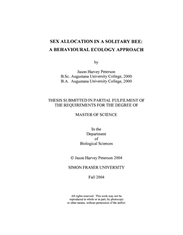 Sex Allocation in a Solitary Bee: a Behavioural Ecology Approach