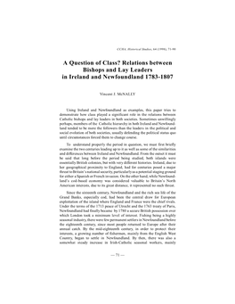 A Question of Class? Relations Between Bishops and Lay Leaders in Ireland and Newfoundland 1783-1807