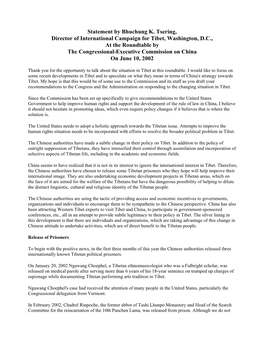 Statement by Bhuchung K. Tsering, Director of International Campaign for Tibet, Washington, D.C., at the Roundtable by the Co