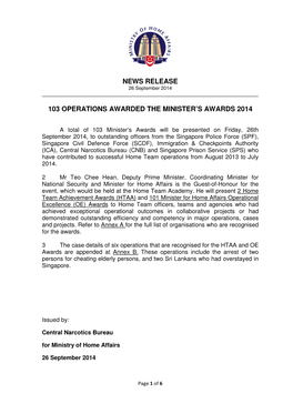 News Release 103 Operations Awarded the Minister's
