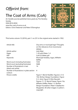 Offprint From: the Coat of Arms (Coa)