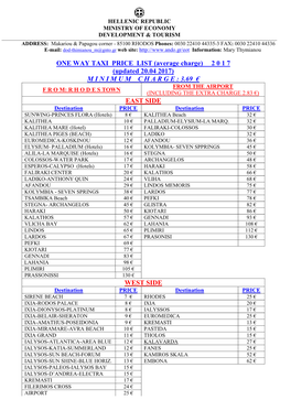 ONE WAY TAXI PRICE LIST (Average Charge) 2 0 1 7 (Updated 20.04