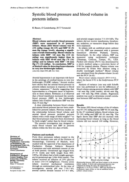 Systolic Blood Pressure and Blood Volume in Preterm Infants