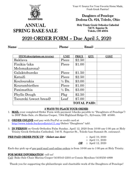 2020 ORDER FORM – Due April 5, 2020