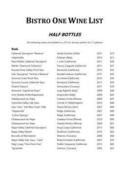 Bistro One Wine List