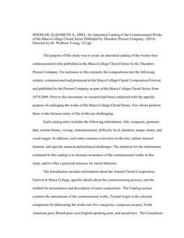 DOEBLER, ELIZABETH A., DMA. an Annotated Catalog of the Commissioned Works of the Ithaca College Choral Series Published by Theodore Presser Company