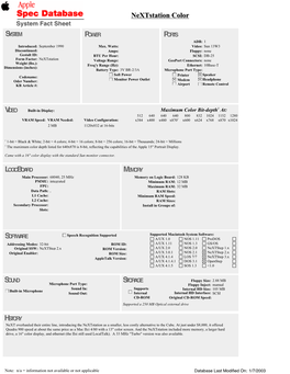 Nextstation Colorcolor System Fact Sheet SYSTEM POWER PORTS ADB: 1 Introduced: September 1990 Max