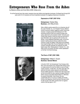 Entrepreneurs Who Rose from the Ashes by Melanie Lindner and Anne Mintz (2008, Forbes.Com)