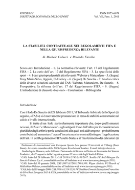 La Stabilità Contrattuale Nei Regolamenti Fifa E Nella Giurisprudenza Rilevante