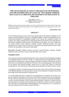 The Socio-Political Life in the Khanate of Bukhara and the Possibilities of Usage of “Muzakkiri Akhbab” Tractate in Clarifying Development of Pedagogical Thought