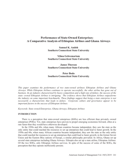 Performance of State-Owned Enterprises: a Comparative Analysis of Ethiopian Airlines and Ghana Airways