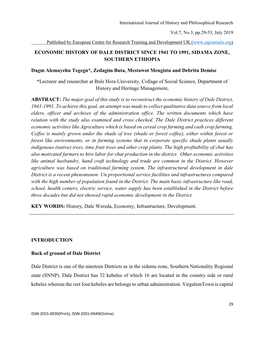 ECONOMIC HISTORY of DALE DISTRICT SINCE 1941 to 1991, SIDAMA ZONE, SOUTHERN ETHIOPIA Dagm Alemayehu Tegegn*, Zedagim Buta, Mesta