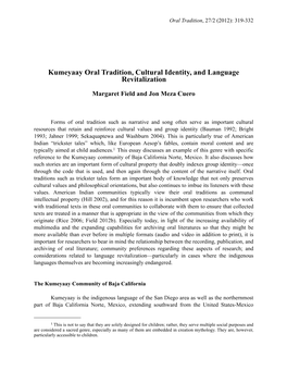 Kumeyaay Oral Tradition, Cultural Identity, and Language Revitalization