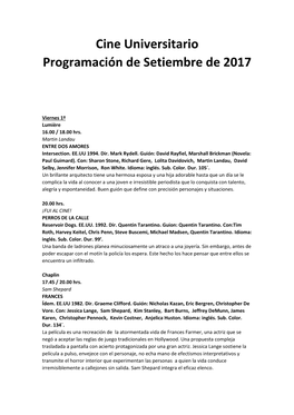 Cine Universitario Programación De Setiembre De 2017