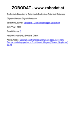 Description of Cheilosia Ranunculi Spec. Nov. from Europe, a Sibling Species of C