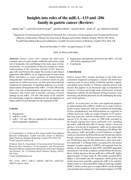 Insights Into Roles of the Mir-1, -133 and -206 Family in Gastric Cancer (Review)