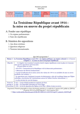 La Troisième République Avant 1914 : La Mise En Œuvre Du Projet Républicain A