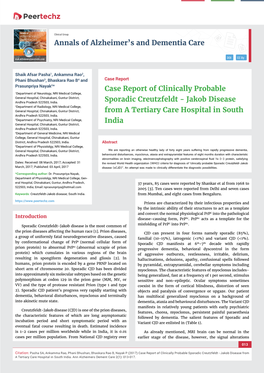 Case Report of Clinically Probable Sporadic Creutzfeldt - Jakob Disease from a Tertiary Care Hospital in South India