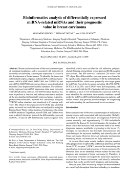 Bioinformatics Analysis of Differentially Expressed Mirna-Related Mrnas and Their Prognostic Value in Breast Carcinoma