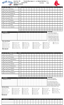 Toronto Blue Jays(64-74) Vs Boston Red Sox(77-61)