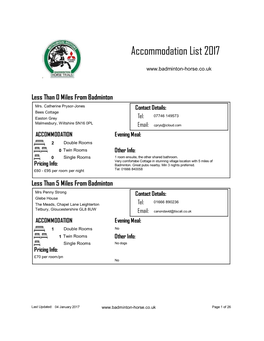 Accommodation List 2017