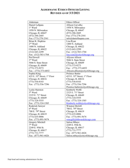 Aldermanic Ethics Officer Listing Revised As of 3/3/2021