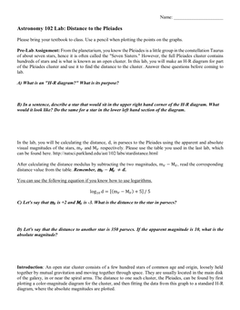 Astronomy 102 Lab: Distance to the Pleiades