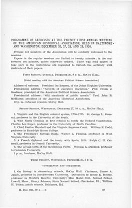 Programme of Exercises at the Twenty-First Annual Meeting of the American Historical Association, Held in Baltimore' and Washington, December 26, 27, 28, and 29, 1905