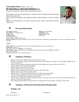 Dr.Hamidreza Ahmadi-Ashtiani, Phd ❖ Personal Information ❖ Summary of Honors ❖ Summary of Research and Educational Backgro