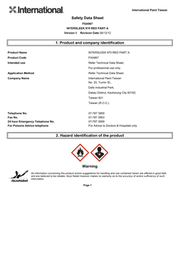 Safety Data Sheet 1. Product and Company Identification 2. Hazard Identification of the Product Warning