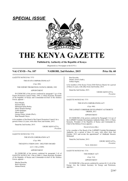 THE KENYA GAZETTE Published by Authority of the Republic of Kenya (Registered As a Newspaper at the G.P.O.)