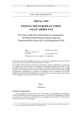 The Value Added Tax (Miscellaneous Amendments, Northern Ireland Protocol and Savings and Transitional Provisions) (EU Exit) Regulations 2020