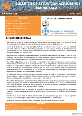 Bulletin De Situation Acridienne Madagascar. N°28. Juin 2016