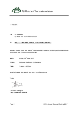 16 May 2017 TO: All Members Fiji Hotel and Tourism Association RE