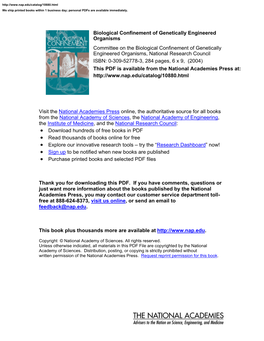 Biological Confinement of Genetically Engineered Organisms Committee on the Biological Confinement of Genetically Engineered Organisms, National Research Council