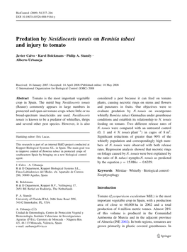 Predation by Nesidiocoris Tenuis on Bemisia Tabaci and Injury to Tomato