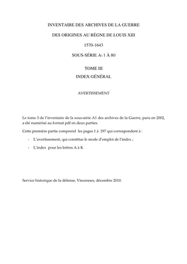 Inventaire Des Archives De La Guerre Des Origines Au Règne De Louis Xiii