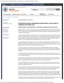 Governor Patrick Announces Additional $4 Million in Tornado Recovery Aid - the Office of the Governor - Mass.Gov