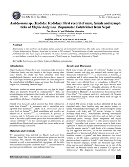 Ixodida: Ixodidae): First Record of Male, Female and Nymph Ticks of Elaphe Hodgsonii (Squamata: Colubridae) from Nepal Pun Shyam K