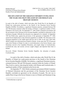 The Situation of the Ukrainian Minority in Poland in the Years 1945-1946 in the Light of Czechoslovack Military Sources