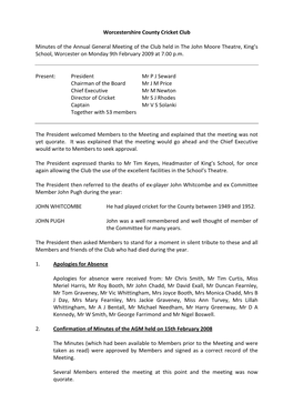 Worcestershire County Cricket Club Minutes of the Annual General