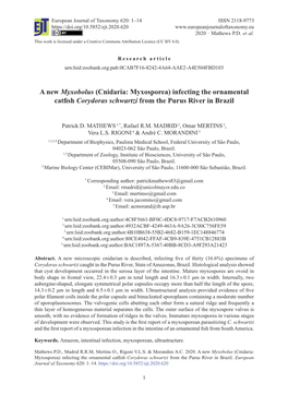 A New Myxobolus (Cnidaria: Myxosporea) Infecting the Ornamental Catﬁ Sh Corydoras Schwartzi from the Purus River in Brazil