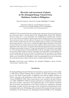 Diversity and Assessment of Plants in Mt. Kitanglad Range Natural Park, Bukidnon, Southern Philippines