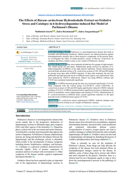 The Effects of Biarum Carduchrum Hydroalcoholic Extract on Oxidative Stress and Catalepsy in 6-Hydroxydopamine-Induced Rat Model of Parkinson's Disease