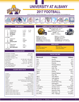 UNIVERSITY at ALBANY 2017 FOOTBALL CONTACT: Pete Iorizzo • Assistant AD for Media Relations • O: (518) 442-3359 • C: (518) 396-8598 • Email: Piorizzo@Albany.Edu